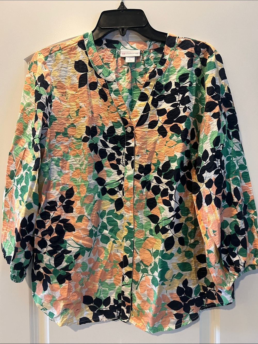 Liz Claiborne Peach Green Floral Button-Front Blouse